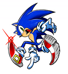 Size: 1672x1800 | Tagged: safe, artist:_runred, sonic the hedgehog, 2025, looking at viewer, mid-air, mouth open, pointing, pointing at viewer, posing, shine, simple background, smile, solo, white background