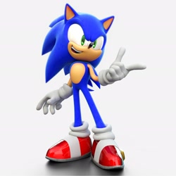 Size: 1920x1920 | Tagged: safe, artist:dokatzo, artist:garbonzobeanguy, sonic the hedgehog, 2025, 3d, grey background, looking offscreen, pointing, simple background, smile, solo, standing