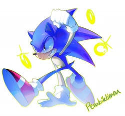 Size: 2000x1867 | Tagged: safe, artist:pembiklimon, sonic the hedgehog, 2025, clenched fist, clenched teeth, looking offscreen, ring, shine, signature, simple background, smile, solo, white background