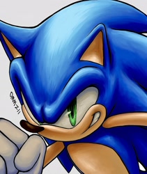 Size: 1732x2048 | Tagged: safe, artist:ommzii, sonic the hedgehog, 2025, clenched fist, clenched teeth, close-up, looking offscreen, signature, simple background, smile, solo, white background