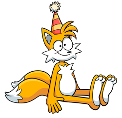 Size: 1044x1012 | Tagged: safe, artist:beastofeuthanasia, miles "tails" prower, 2024, barefoot, hat, party hat, simple background, sitting, smile, solo, white background