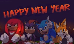 Size: 2047x1203 | Tagged: safe, artist:popsizzy, knuckles the echidna, miles "tails" prower, shadow the hedgehog, sonic the hedgehog, sonic the hedgehog 3 (film), 2025, dawn, frown, gradient background, group, happy new year, holding something, looking at viewer, looking offscreen, mouth open, new years, outdoors, pointing, sitting, smile, sparkler