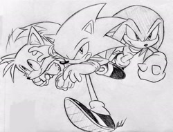 Size: 2048x1566 | Tagged: safe, artist:supermilobros, knuckles the echidna, miles "tails" prower, sonic the hedgehog, sonic heroes, 2025, flying, frown, line art, looking at viewer, looking offscreen, monochrome, redraw, running, signature, smile, team sonic, traditional media, trio