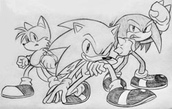 Size: 1174x744 | Tagged: safe, artist:supermilobros, knuckles the echidna, miles "tails" prower, sonic the hedgehog, sonic heroes, 2025, line art, monochrome, redraw, team sonic, trio