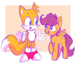 Size: 757x631 | Tagged: safe, artist:archieboop2, miles "tails" prower, border, crossover, duo, looking at each other, my little pony, scootaloo, simple background, smile, standing