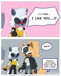 Size: 821x1024 | Tagged: safe, artist:pedro_drawarts, tangle the lemur, whisper the wolf, 2025, blushing, border, comic, derp, dialogue, duo, english text, eyes closed, flat colors, holding hands, lesbian, shipping, signature, speech bubble, standing, tangle x whisper