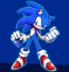 Size: 889x933 | Tagged: safe, artist:firepowur, sonic the hedgehog, 2025, chaos emerald, clenched teeth, holding something, looking at viewer, outline, smile, solo