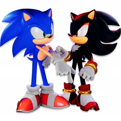 Size: 1920x1920 | Tagged: safe, artist:_annie_belle, shadow the hedgehog, sonic the hedgehog, sonic adventure 2, 2025, 3d, duo, frown, looking at them, pointing, simple background, smile, white background