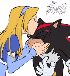 Size: 1896x2048 | Tagged: safe, artist:hanibananeez, maria robotnik, shadow the hedgehog, human, 2025, :<, cute, dialogue, duo, english text, eyes closed, flat colors, frown, hands on another's face, kiss on head, mariabetes, platonic, shadowbetes, simple background, smile, white background