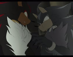 Size: 2048x1583 | Tagged: safe, artist:azuredreamrealm, mephiles the dark, shadow the hedgehog, sonic the hedgehog (2006), 2022, abstract background, alternate universe, clenched teeth, dripping, duo, frown, looking at each other, redraw