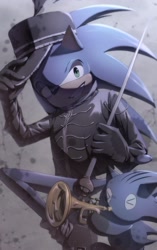 Size: 1144x1822 | Tagged: safe, artist:mieierae201, sonic the hedgehog, chao, alternate outfit, character chao, cosplay, duo, holding something, my chemical romance, playing music, sonic chao, trumpet