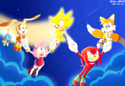 Size: 1076x742 | Tagged: safe, artist:jame5rheneaz, amy rose, cheese (chao), cream the rabbit, knuckles the echidna, miles "tails" prower, sonic the hedgehog, super sonic, super form