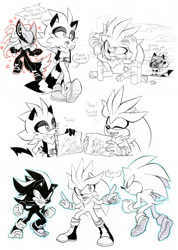 Size: 1024x1439 | Tagged: safe, artist:finikart, infinite the jackal, shadow the hedgehog, silver the hedgehog, sonic the hedgehog, oc, oc:stripes the raccoon, hedgehog, raccoon, drawing, hairspray, infinite's mask, monochrome, phantom ruby, psychokinesis