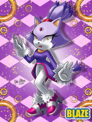 Size: 828x1104 | Tagged: safe, artist:star-shiner, blaze the cat, cat, female, gloves, jacket, pants, purple fur, rings, shoes, solo, yellow eyes