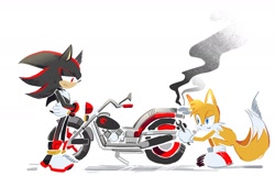 Size: 1722x1173 | Tagged: safe, artist:bdbdi743, miles "tails" prower, shadow the hedgehog, arms folded, duo, holding something, motorcycle, simple background, smoke, standing, white background, wrench