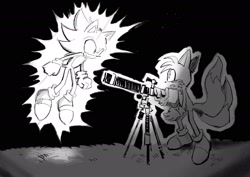 Size: 2048x1448 | Tagged: safe, artist:bdbdi743, miles "tails" prower, sonic the hedgehog, super sonic, duo, glowing, greyscale, looking at each other, mid-air, monochrome, standing, super form, telescope