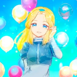 Size: 2048x2048 | Tagged: safe, artist:meganesannn022, maria robotnik, human, balloon, japanese text, looking at viewer, smile, solo