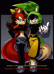 Size: 2887x3937 | Tagged: safe, artist:unhinged_honey, fiona fox, surge the tenrec, fox, tenrec, dialogue, hand on hip, holding hands, implied scourge, lesbian, shipping