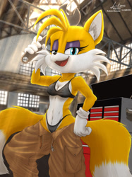 Size: 1662x2217 | Tagged: suggestive, artist:link6432, miles "tails" prower, abstract background, bikini, gender swap, solo, wrench