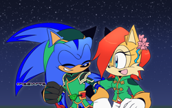 Size: 1736x1088 | Tagged: safe, artist:risziarts, sally acorn, sonic the hedgehog, chipmunk, hedgehog, alternate outfit, au:sonic world travel, blue power pattern, celebration, couple, cyan power pattern, date, duo, lunar new year, nighttime, sally x sonic, straight