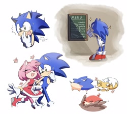 Size: 2048x1868 | Tagged: safe, artist:oudooooon427, amy rose, knuckles the echidna, miles "tails" prower, sonic the hedgehog, amy x sonic, animalified, blushing, digging, group, japanese text, literal animal, menu, mouth open, multiple views, shipping, simple background, standing, star (symbol), straight, white background