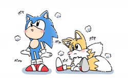 Size: 1634x1002 | Tagged: safe, artist:oudooooon427, miles "tails" prower, sonic the hedgehog, blushing, classic sonic, classic tails, cute, duo, fluffy, japanese text, shadow (lighting), simple background, sitting, sonabetes, standing, tailabetes, white background