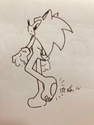 Size: 1500x2000 | Tagged: safe, artist:oudooooon427, sonic the hedgehog, barefoot, full body, japanese text, monochrome, pawpads, solo, standing, traditional media