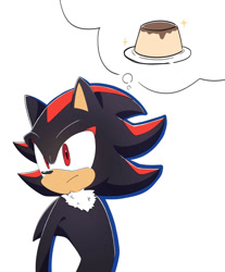 Size: 1022x1232 | Tagged: safe, artist:oudooooon427, shadow the hedgehog, food, looking offscreen, pudding, simple background, solo, thought bubble, white background