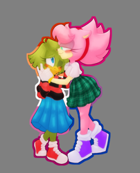 Size: 5000x6203 | Tagged: safe, artist:apamgkrth, amy rose, tekno the canary, bisexual, bisexual pride, blushing, clothes, duo, fleetway amy, hand on cheek, height difference, kiss, kiss on head, lesbian, lesbian pride, pride, shipping, skirt, teknamy