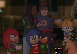 Size: 1069x748 | Tagged: safe, artist:jocelynminions, knuckles the echidna, maddie wachowski, miles "tails" prower, ozzy the dog, shadow the hedgehog, sonic the hedgehog, tom wachowski