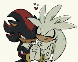 Size: 648x513 | Tagged: safe, artist:shadilver4ever, shadow the hedgehog, silver the hedgehog, blushing, cute, duo, eyes closed, frown, gay, grey background, heart, holding hands, lidded eyes, looking at them, shadow x silver, shadowbetes, shipping, silvabetes, simple background, smile, standing