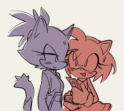 Size: 630x564 | Tagged: safe, artist:shadilver4ever, amy rose, blaze the cat, amy x blaze, amybetes, blazebetes, blushing, card, cute, duo, eye clipping through hair, grey background, holding hands, lesbian, looking at each other, monochrome, mouth open, shipping, simple background, smile, sweatdrop, tarot card