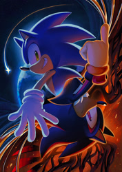 Size: 1447x2048 | Tagged: safe, artist:spacecolonie, shadow the hedgehog, sonic the hedgehog, sonic x shadow generations, abstract background, clenched teeth, doom shadow, duo, frown, lineless, looking at viewer, shooting star, smile