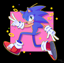 Size: 1562x1535 | Tagged: safe, artist:zeemy-wah, sonic the hedgehog, abstract background, blushing, double v sign, looking at viewer, looking back, looking back at viewer, outline, ring, signature, smile, solo, star (symbol), v sign