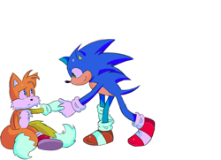 Size: 1800x1300 | Tagged: safe, artist:blueeblurb, miles "tails" prower, sonic the hedgehog, sonic the hedgehog 2 (2022), bending over, duo, frown, holding hands, looking at each other, simple background, smile, white background