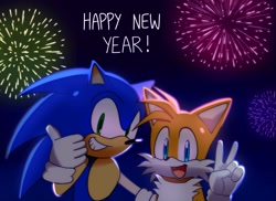 Size: 2048x1492 | Tagged: safe, artist:snt0skt, miles "tails" prower, sonic the hedgehog, 2025, abstract background, clenched teeth, duo, english text, fireworks, gay, happy new year, looking at viewer, mouth open, nighttime, outdoors, shipping, smile, sonic x tails, thumbs up, v sign