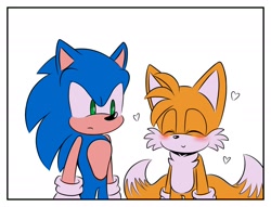 Size: 2000x1529 | Tagged: safe, artist:jhoycookie, miles "tails" prower, sonic the hedgehog, 2025, blushing, border, cute, duo, gay, heart, shipping, simple background, smile, sonabetes, sonic x tails, standing, tailabetes, white background