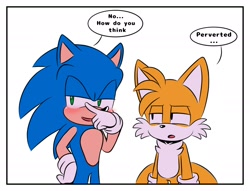 Size: 2000x1529 | Tagged: safe, artist:jhoycookie, miles "tails" prower, sonic the hedgehog, 2025, blushing, border, cute, dialogue, duo, english text, finger under nose, gay, grammatical error, lidded eyes, looking at them, looking away, looking offscreen, mouth open, shipping, simple background, sonic x tails, speech bubble, standing, tailabetes, white background