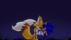 Size: 1920x1080 | Tagged: safe, artist:jeffydust, miles "tails" prower, sonic the hedgehog, 2025, abstract background, aged up, arm fluff, cheek fluff, cute, duo, ear fluff, eyes closed, gay, holding hands, nighttime, outdoors, shipping, smile, sonabetes, sonic x tails, standing, star (sky), tailabetes