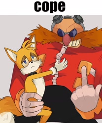 Size: 1478x1788 | Tagged: safe, artist:thatfuckasscat, miles "tails" prower, robotnik, human, 2025, abstract background, age difference, collar, cope, duo, english text, frown, gay, holding them, lidded eyes, looking at viewer, meme, middle finger, robotnik x tails, shipping, sitting, smile, underage