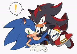 Size: 2048x1448 | Tagged: safe, artist:roastedgarlics2, shadow the hedgehog, sonic the hedgehog, 2025, blushing, clenched teeth, duo, exclamation mark, frown, gay, grey background, holding leg, kneeling, looking at viewer, lying down, shadow x sonic, shipping, simple background, smile, sweatdrop