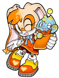 Size: 1243x1629 | Tagged: safe, artist:officialkiku1, editor:officialkiku1, cheese (chao), cream the rabbit, chao, 2025, duo, edit, looking at viewer, mouth open, neutral chao, one fang, pawpads, simple background, smile, white background, wink