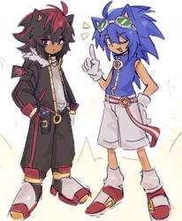 Size: 1440x1751 | Tagged: safe, artist:viscogone, shadow the hedgehog, sonic the hedgehog, human, 2025, abstract background, anime, cute, duo, eye clipping through hair, eyebrow clipping through hair, frown, goggles, hand on hip, hands in pocket, humanized, looking at viewer, pointing, shadowbetes, smile, sonabetes, standing, wink