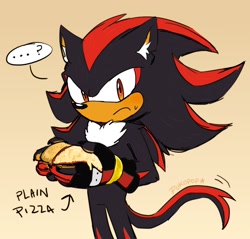 Size: 1438x1375 | Tagged: safe, artist:pukopop, shadow the hedgehog, ..., 2025, blushing, eating, english text, food, frown, gradient background, long tail, looking at viewer, pizza, question mark, solo, sweatdrop