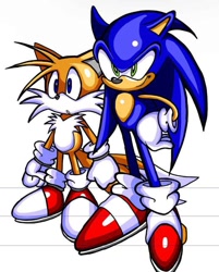 Size: 721x898 | Tagged: safe, artist:fallen_staart, miles "tails" prower, sonic the hedgehog, 2025, :o, duo, hand on hip, looking offscreen, mouth open, simple background, smile, white background