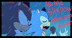 Size: 1444x759 | Tagged: safe, artist:usechamchi, shadow the hedgehog, sonic the hedgehog, 2025, all hail shadow, border, duo, english text, eyes closed, frown, gradient background, holding something, looking offscreen, microphone, mouth open, rain, singing, song lyrics