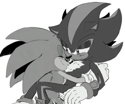 Size: 873x727 | Tagged: safe, artist:yiziyusan, shadow the hedgehog, sonic the hedgehog, 2025, blushing, cute, duo, eyes closed, frown, gay, hugging, looking at them, monochrome, shadow x sonic, shadowbetes, shipping, simple background, sitting, smile, sonabetes, white background