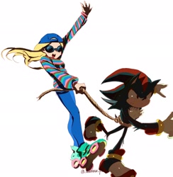 Size: 1997x2048 | Tagged: safe, artist:luvdraw_pic, maria robotnik, shadow the hedgehog, human, sonic the hedgehog 3 (film), 2025, backwards cap, duo, frown, holding something, rollerskates, rope, signature, simple background, skating, smile, sunglasses, white background