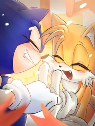 Size: 760x1000 | Tagged: safe, artist:umerouge, miles "tails" prower, sonic the hedgehog, abstract background, blushing, cute, duo, eyes closed, gay, grin, shipping, smile, sonabetes, sonic x tails, tailabetes