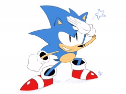 Size: 2048x1535 | Tagged: safe, artist:aohari251, sonic the hedgehog, sonic mania adventures, classic sonic, grin, simple background, smile, solo, standing, star (symbol), white background